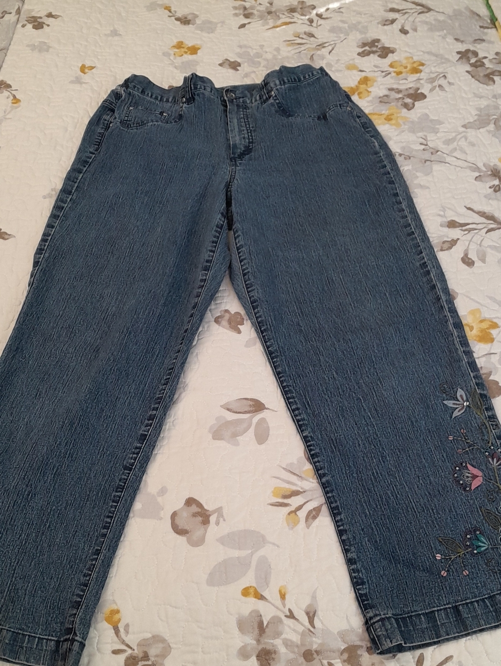Alfred Dunner Dark Blue Straight-Leg Jeans with Floral Embroidery